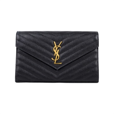 聖羅蘭 YSL SAINT LAURENT Cassandre 經典粒面皮革 鏈條 錢包 金色五金 377828BOW01 黑金魚子醬WOC 無附屬品