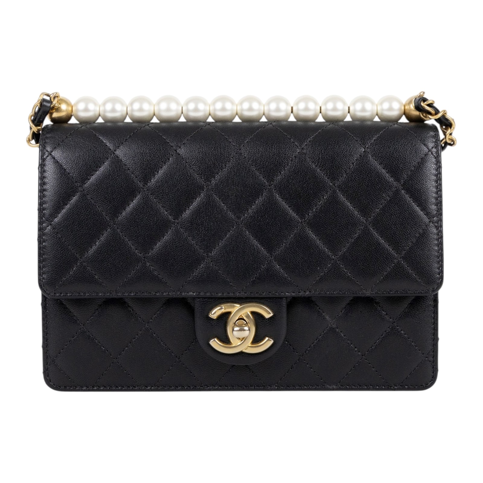 香奈兒 CHANEL 珍珠 口蓋包 AS0585 29開黑菱格珍珠金鍊包 無附屬品
