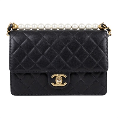 香奈兒 CHANEL 珍珠 口蓋包 AS0585 29開黑菱格珍珠金鍊包 無附屬品