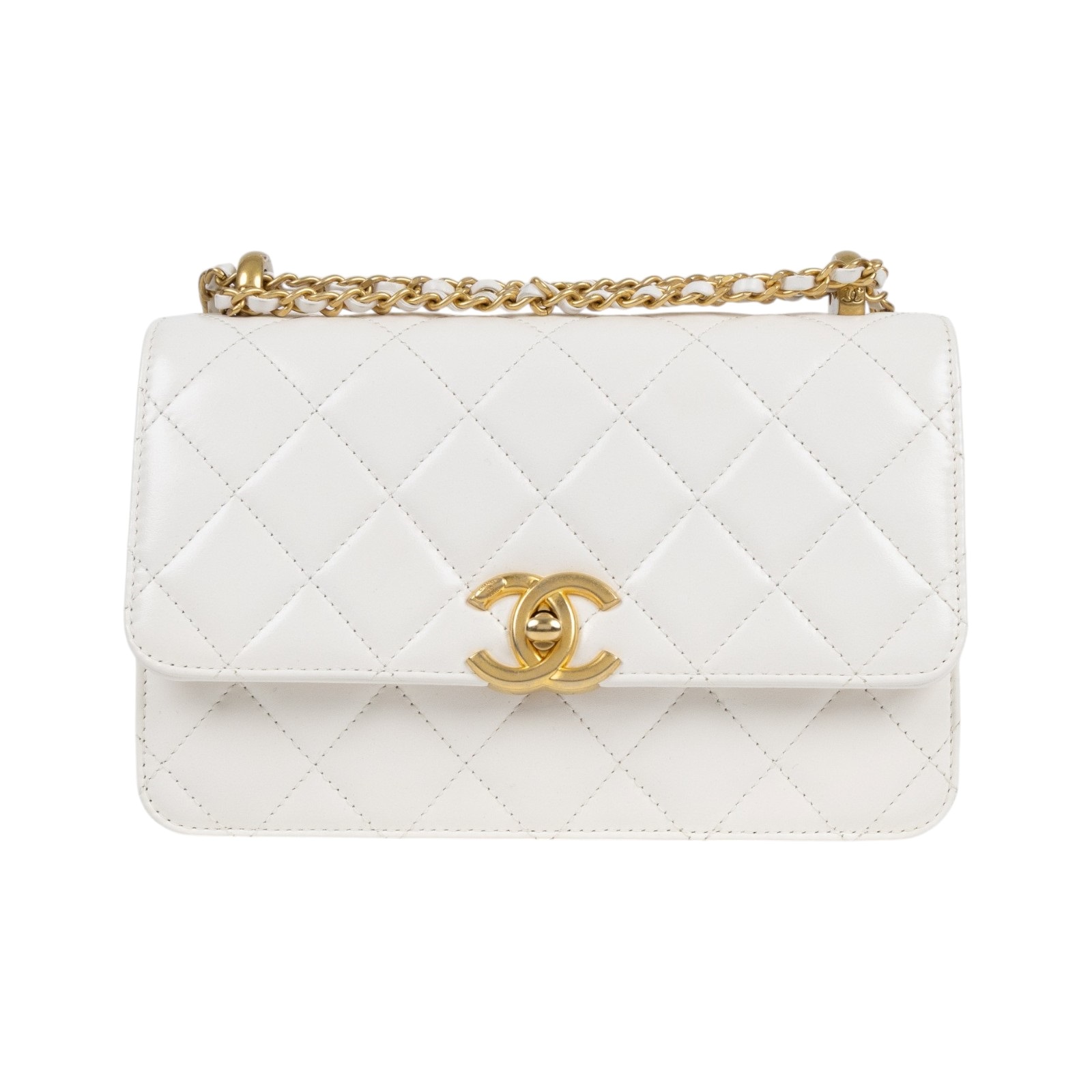 香奈兒 CHANEL 雙金球 經典 斜背 口蓋包 AS2615 晶片款 白雙金珠翻蓋包 防塵袋
