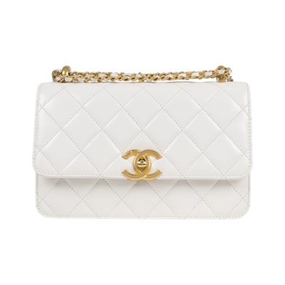 香奈兒 CHANEL 雙金球 經典 斜背 口蓋包 AS2615 晶片款 白雙金珠翻蓋包 防塵袋