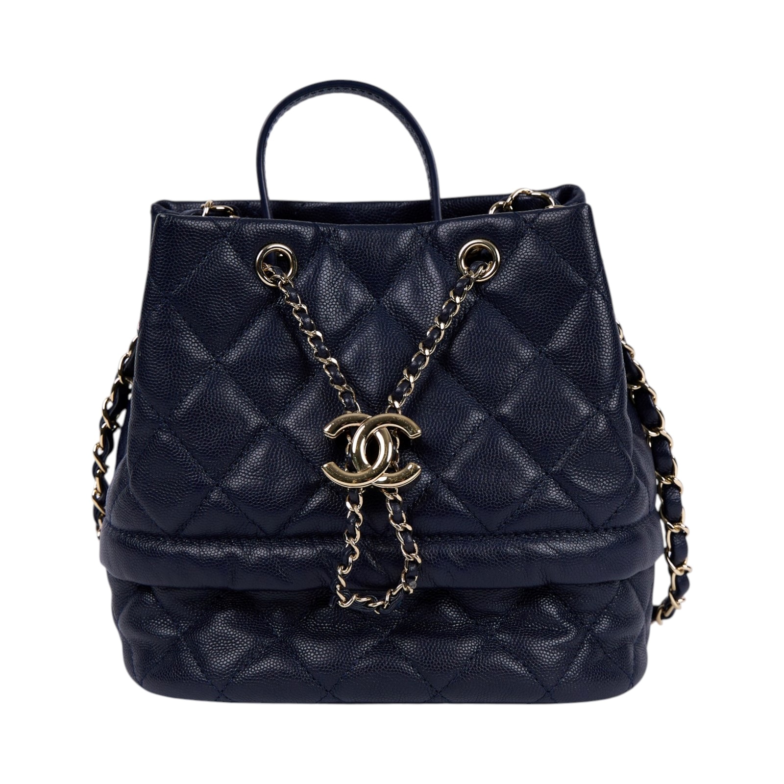 香奈兒 CHANEL CC LOGO 束口水桶包 手提包 斜背包 AS0894 28開 深藍荔枝水桶包 防塵袋/保證卡