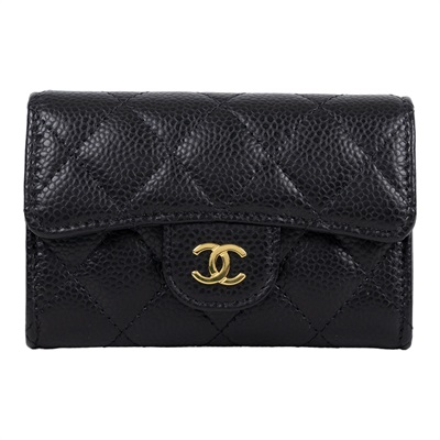 香奈兒 CHANEL CC LOGO 口蓋 卡片夾 錢包 AP0214 晶片款 黑荔枝卡包 原廠盒子/防塵袋/緞帶/山茶花裝飾