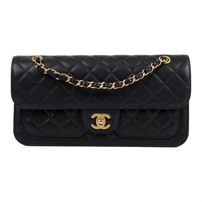 香奈兒 CHANEL CF 口蓋包 肩背包 斜背包 AS5694 晶片款 黑金荔枝雙口袋口蓋鍊包 原廠盒子/防塵袋
