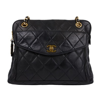 香奈兒 CHANEL Coco Mark 手提包 肩背包  4開 黑菱格金練鍊帶包 無附屬品