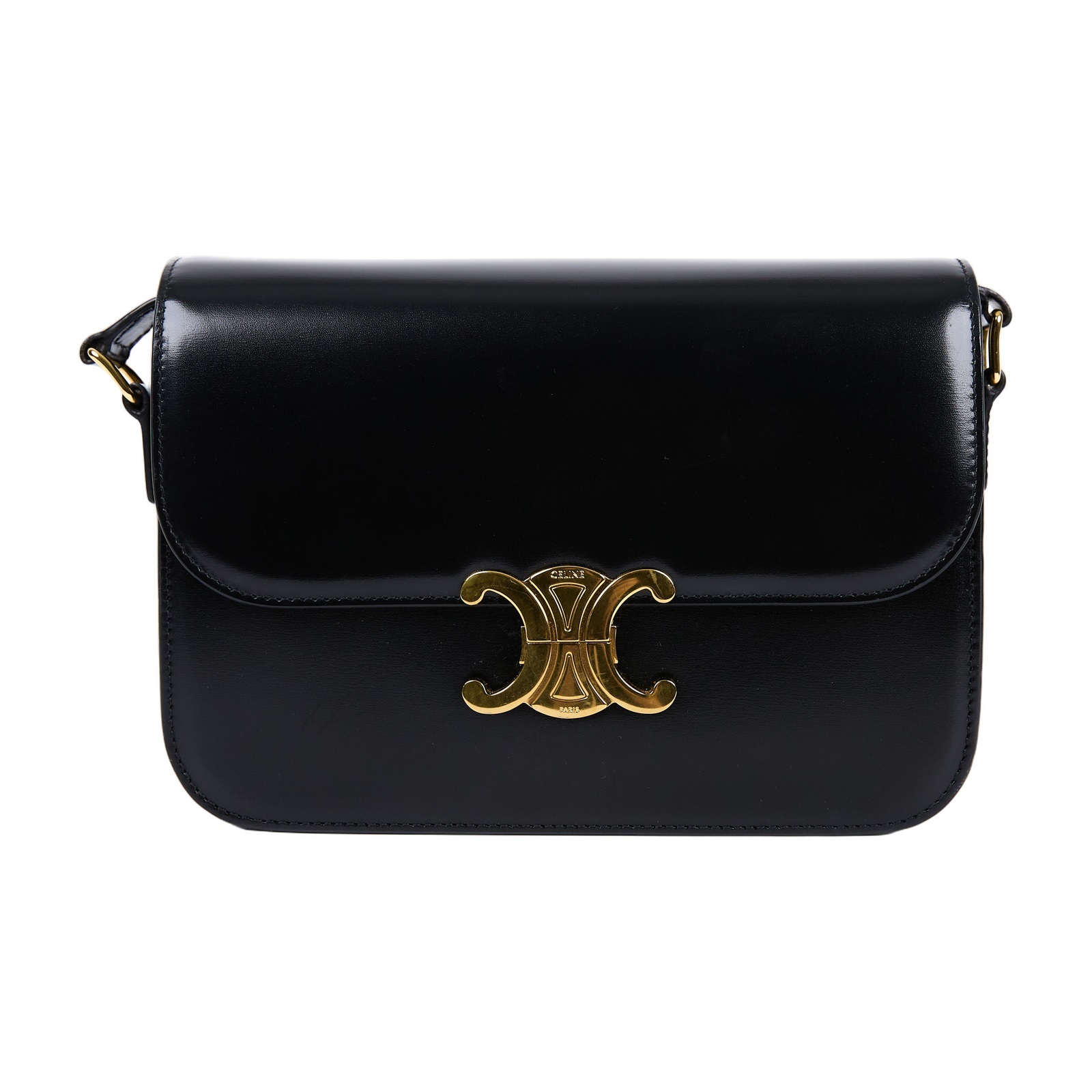 思琳 CELINE 亮面牛皮革 Classique Triomphe 凱旋門 肩背包 187363BF4 黑金TRIOMPHE中號 防塵袋/購買證明