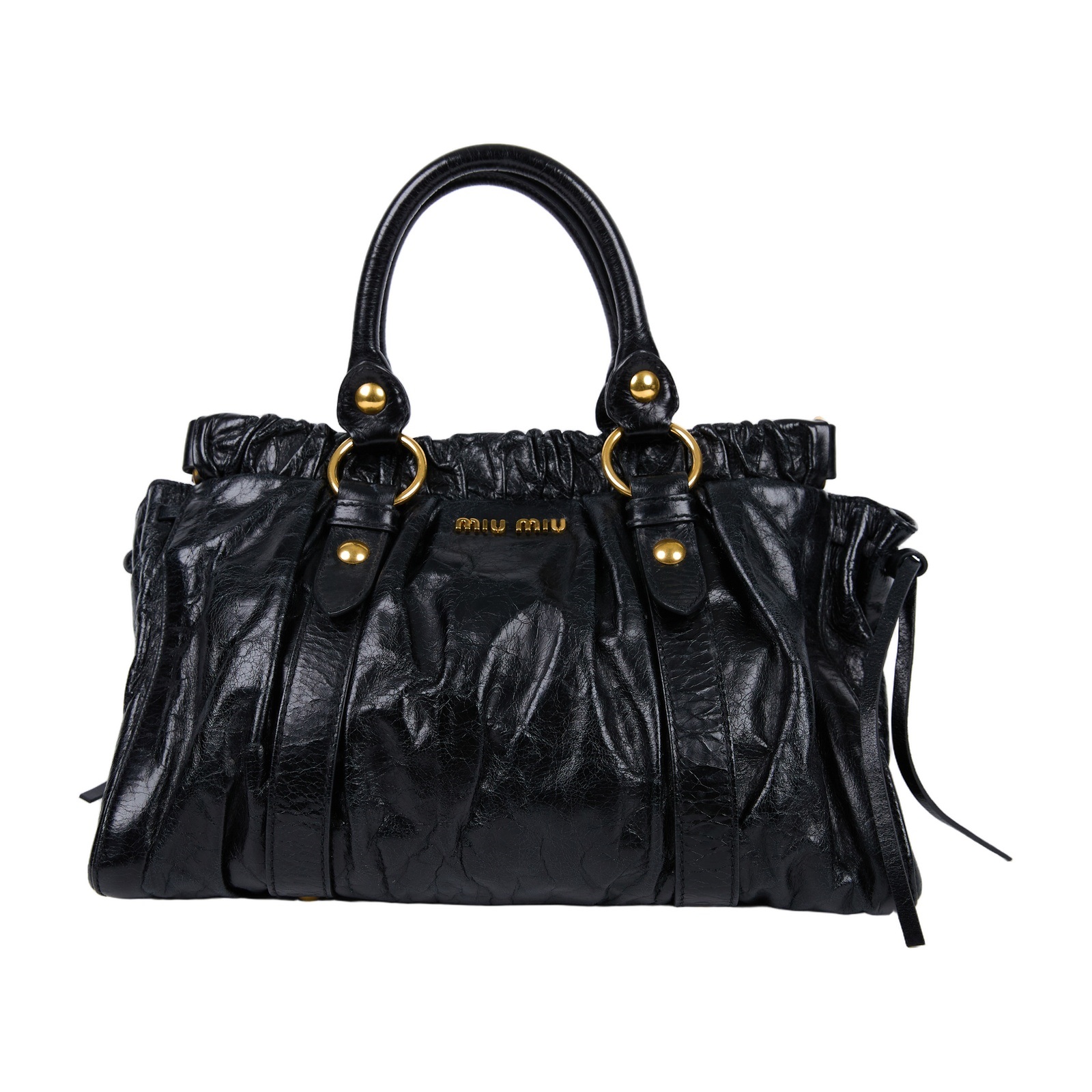 繆繆 MIU MIU Vitello Lux 2WAY 手提包  黑全皮皺摺2WAY 背帶