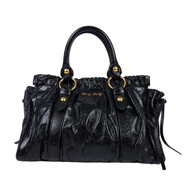 繆繆 MIU MIU Vitello Lux 2WAY 手提包  黑全皮皺摺2WAY 背帶