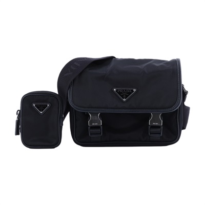 普拉達 PRADA Re-Nylon Saffiano 皮革肩背袋 2VD034_2DMH 黑尼龍掀蓋郵差包 防塵袋/子包