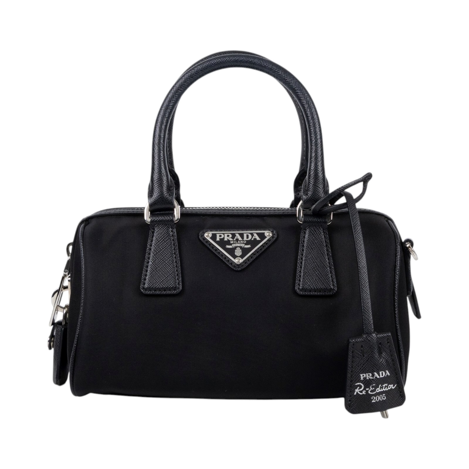 普拉達 PRADA Re-Edition 2005 Nylon 波士頓包 1BB846_064 黑尼龍波士頓包 背帶/小包/鎖組/鑰匙吊牌