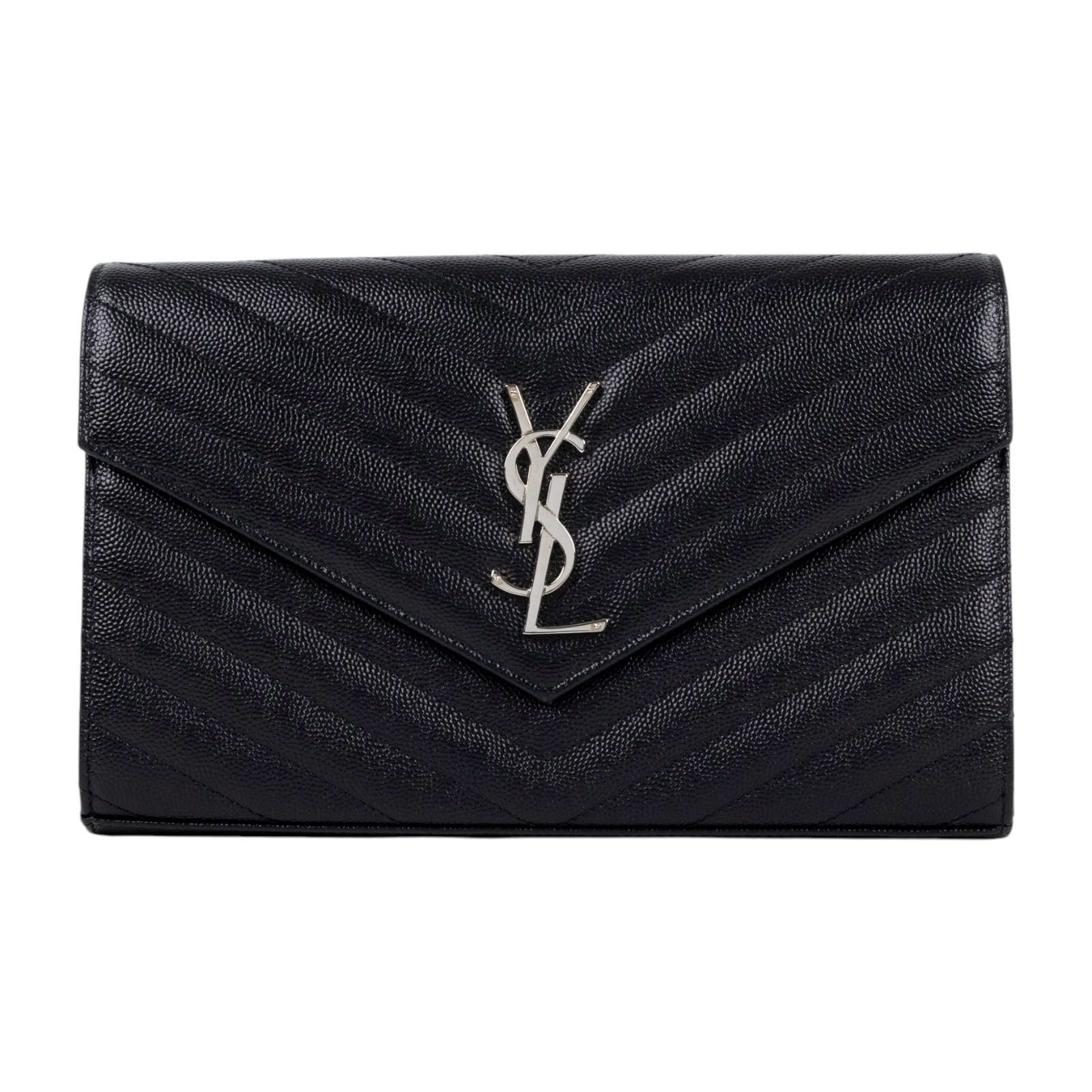 聖羅蘭 YSL SAINT LAURENT Cassandre 經典粒面皮革 鏈條 錢包 銀色五金 377828BOW02 黑銀魚子醬WOC 防塵袋