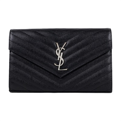 聖羅蘭 YSL SAINT LAURENT Cassandre 經典粒面皮革 鏈條 錢包 銀色五金 377828BOW02 黑銀魚子醬WOC 防塵袋