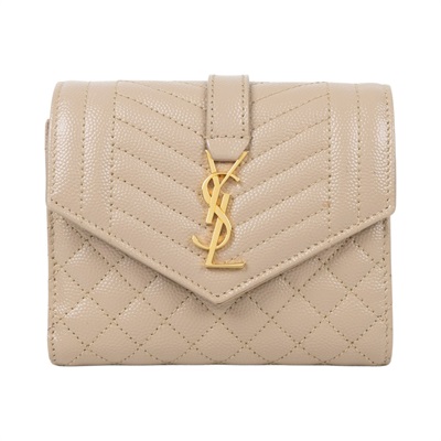 聖羅蘭 YSL SAINT LAURENT 錢包 短夾 651028BOW91 奶茶魚子醬三折短夾 原廠盒子防塵袋