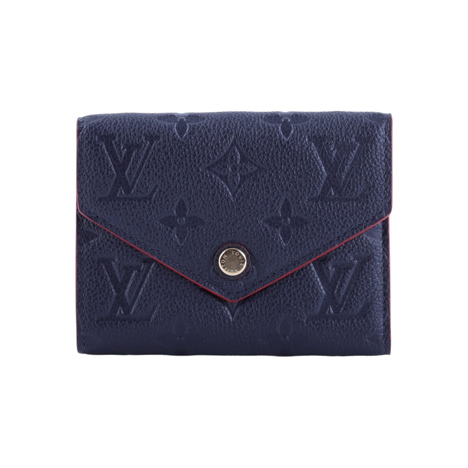 路易威登 LOUIS VUITTON Victorine 壓花皮革 三折暗釦 短夾 海軍藍 紅色 M64577 晶片款  防塵袋/原廠盒子