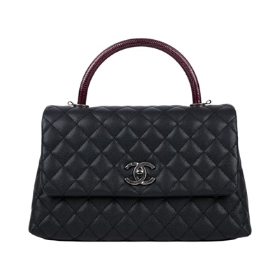香奈兒 CHANEL Handle 29 手提 口蓋包 A92991 Y60944 23開黑銀荔枝蜥蜴提把COCO HANDLE LARGE 原廠盒子/防塵袋/保證卡/香港購買證明