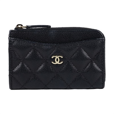 香奈兒 CHANEL CC logo 菱格紋 拉鍊 卡夾 零錢包 AP3179 晶片款 黑荔枝L拉鍊卡包 原廠盒子/防塵袋