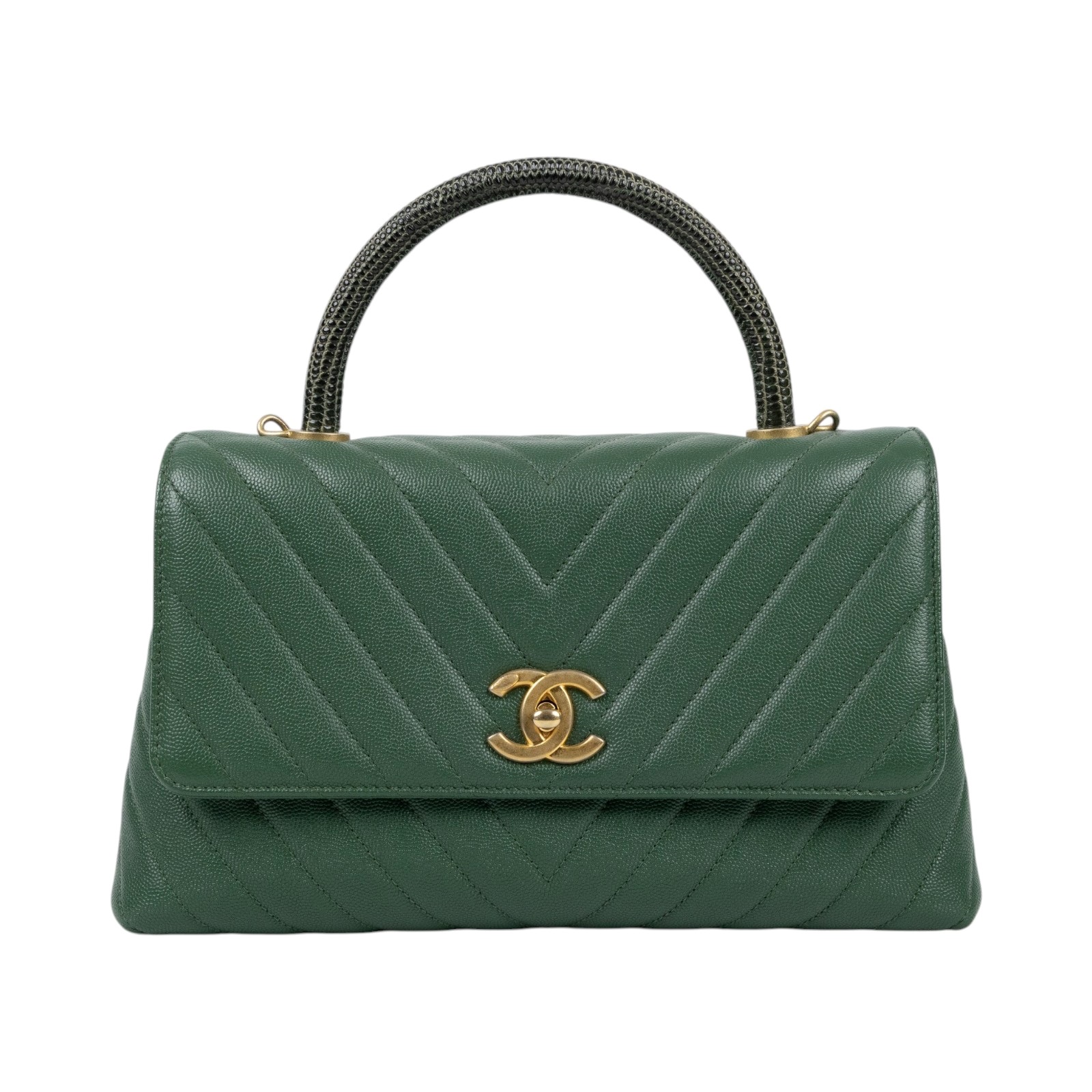 香奈兒 CHANEL COCO Handle 手提包 斜背包 口蓋包  25開綠金荔枝山型紋蜥蜴把手COCO HANDLE28 原廠盒子/防塵袋/瀕臨絕種野生動植物國際貿易公約影本/保證卡/背帶