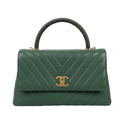 香奈兒 CHANEL COCO Handle 手提包 斜背包 口蓋包  25開綠金荔枝山型紋蜥蜴把手COCO HANDLE28 原廠盒子/防塵袋/瀕臨絕種野生動植物國際貿易公約影本/保證卡/背帶
