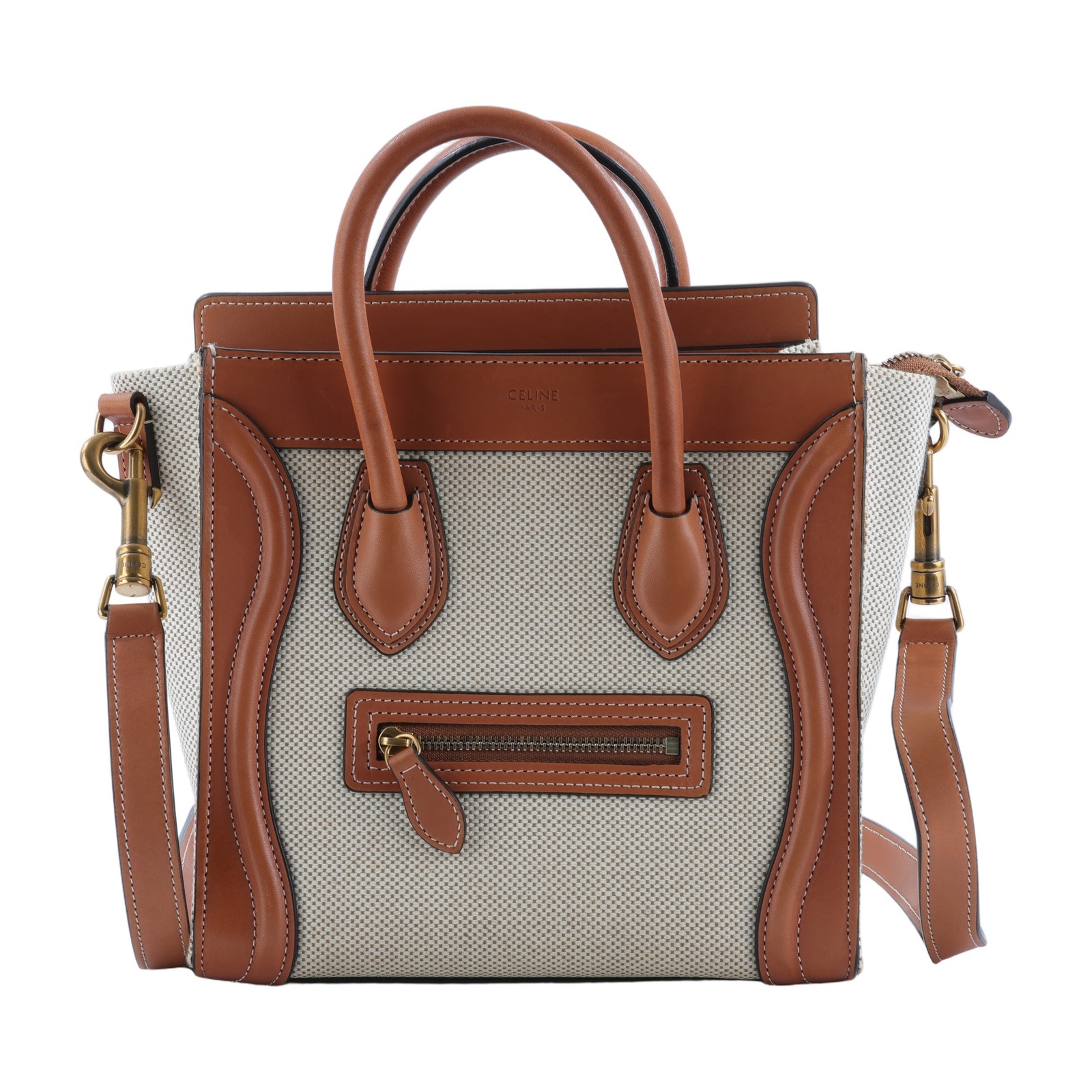 思琳 CELINE Luggage 手袋 袖珍型 189242CIO 帆布拚焦糖LUGGAGE NANO 防塵袋/背帶