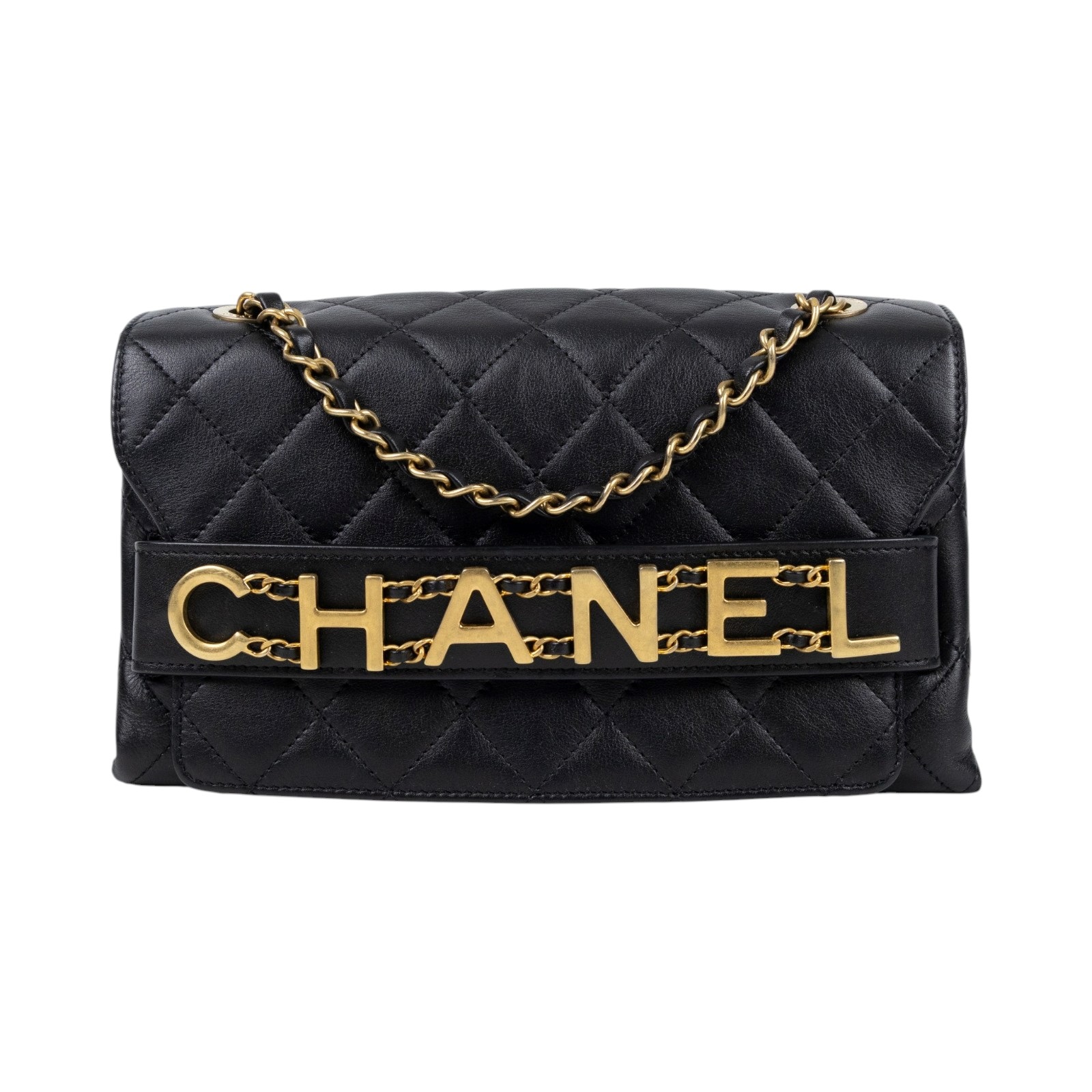 香奈兒 CHANEL 菱格紋 大LOGO 肩背 口蓋包 AS1490 29開黑金字母皮穿鍊包 防塵袋/保證卡
