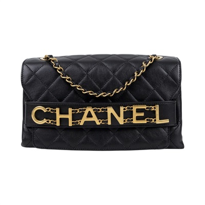 香奈兒 CHANEL 菱格紋 大LOGO 肩背 口蓋包 AS1490 29開黑金字母皮穿鍊包 防塵袋/保證卡