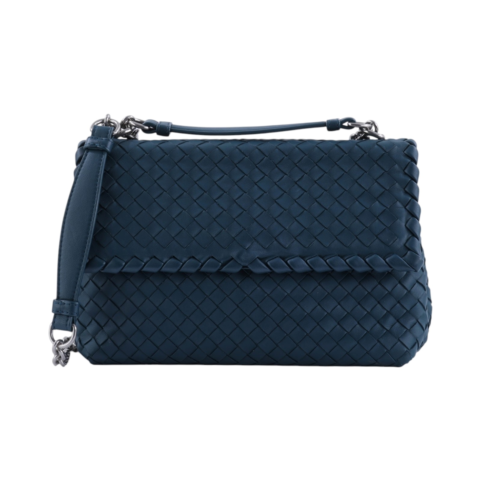 寶緹嘉 BOTTEGA VENETA Olimpia Small 羊羔皮編織翻蓋斜背包 386498VO0AD 藍綠編織掀蓋鍊包 防塵袋/鏡子