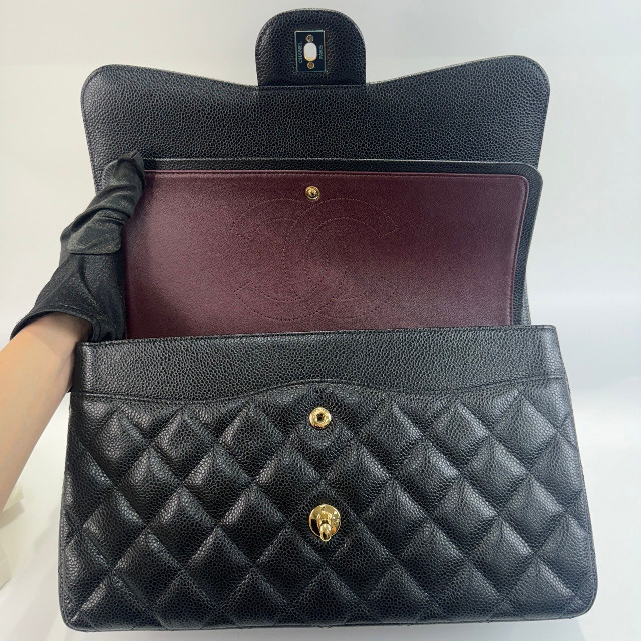 coco樣專用 香奈兒CHANEL Coco 30 肩背斜背口蓋包黑金荔枝COCO JUMBO30 防塵袋
