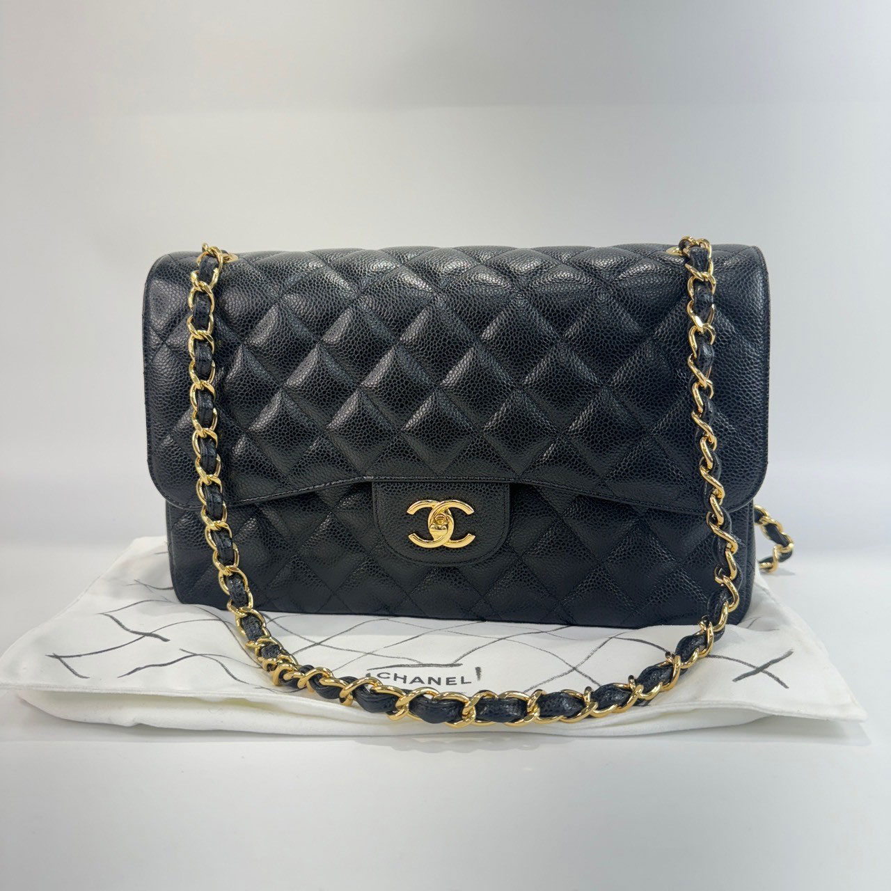 香奈兒CHANEL Coco 30 肩背斜背口蓋包黑金荔枝COCO JUMBO30 防塵袋