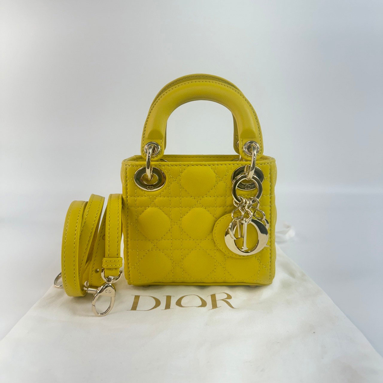 迪奧 CHRISTIAN DIOR Lady Dior Micro手提 肩背包  黃 LADY DIOR MICRO 防塵袋