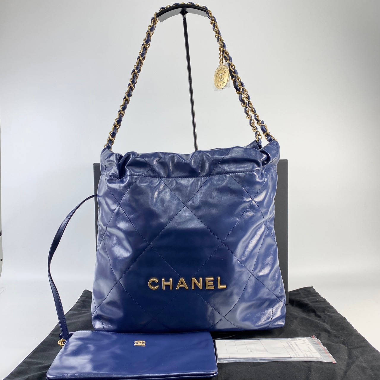 香奈兒 CHANEL 22 小型 束口包 AS3260 深藍金22包小號 原廠盒子/防塵袋/購買證明