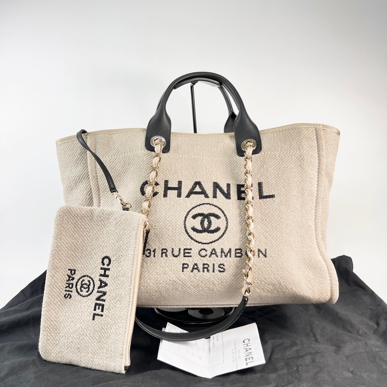 香奈兒 CHANEL 海灘包 大型 A66941 晶片款 米黑拚色沙灘包 防塵袋/購買證明