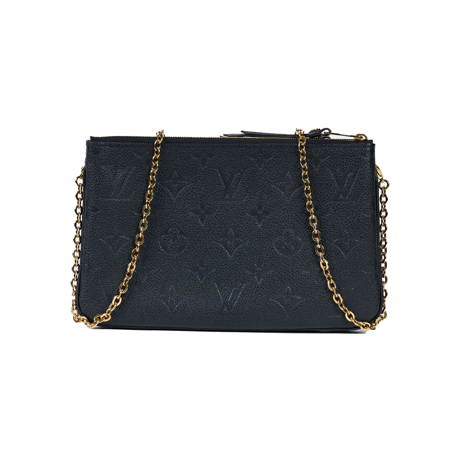 路易威登 LOUIS VUITTON Double Zip Pochette 牛皮 多夾層手拿 斜背包 M68568 黑壓紋雙繩鏈帶包 防塵袋