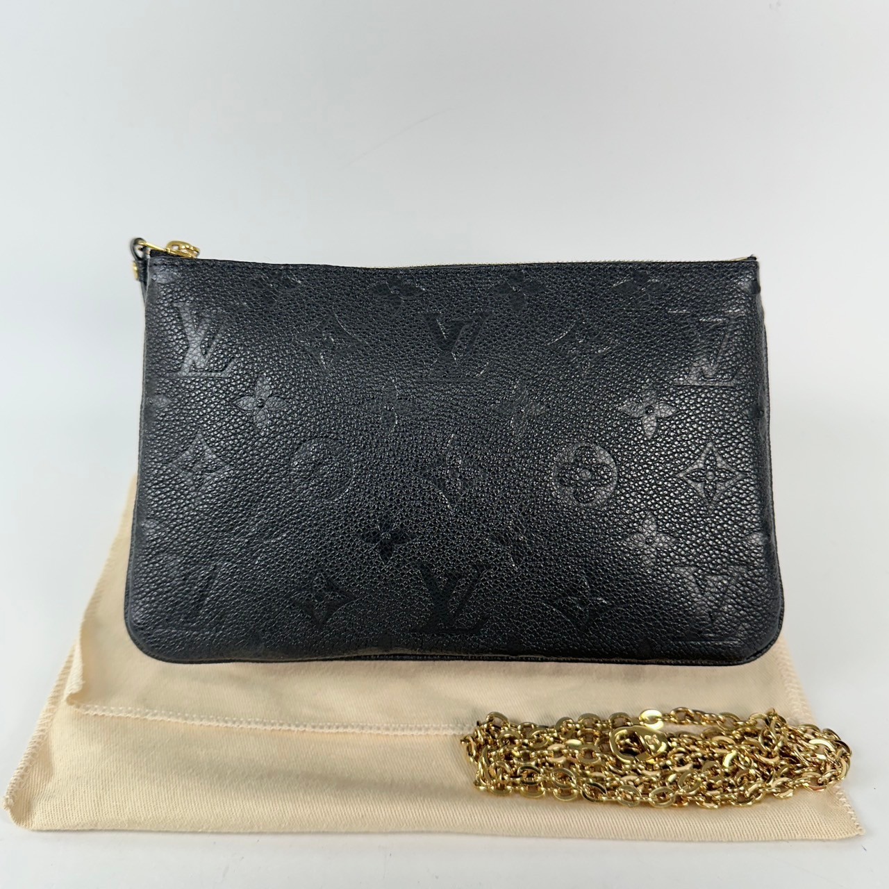 路易威登 LOUIS VUITTON Double Zip Pochette 牛皮 多夾層手拿 斜背包 M68568 黑壓紋雙繩鏈帶包 防塵袋