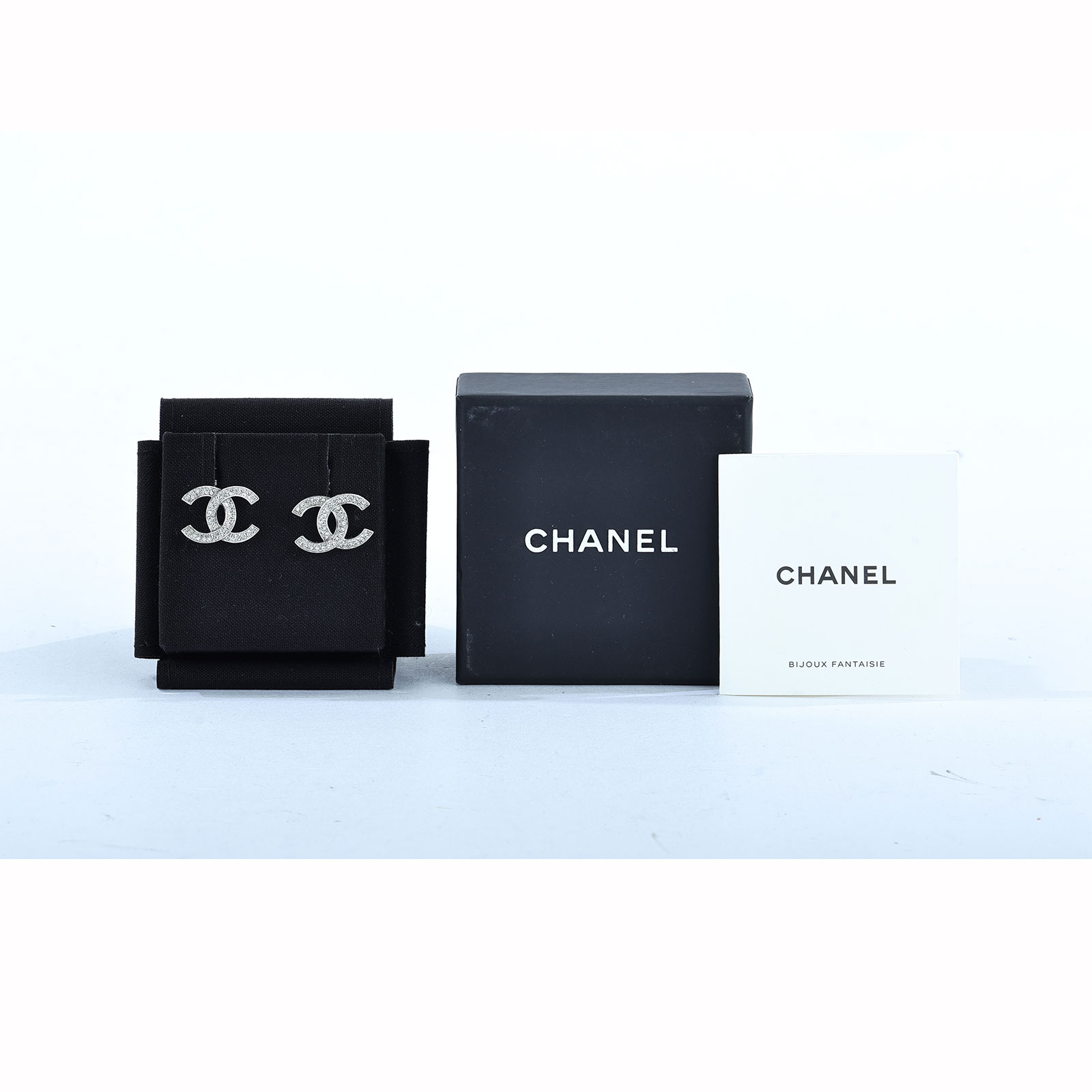 香奈兒 CHANEL 耳釘  銀水鑽雙C耳環 原廠盒子