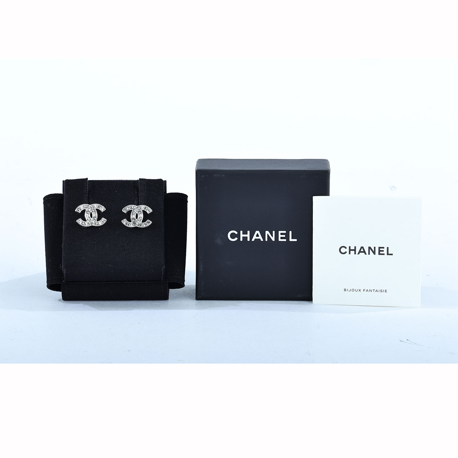 香奈兒 CHANEL 耳釘  銀方水鑽雙C耳環 原廠盒子