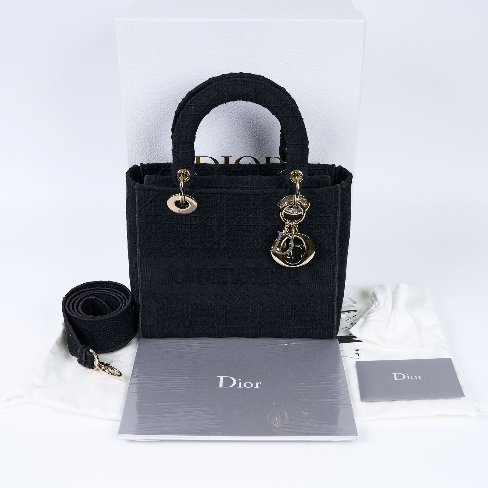 迪奧 CHRISTIAN DIOR Lady D-Lite 刺繡 帆布 托特包 M0565OREY 黑LADY D-LITE 中號 原廠盒子/防塵袋/保證卡