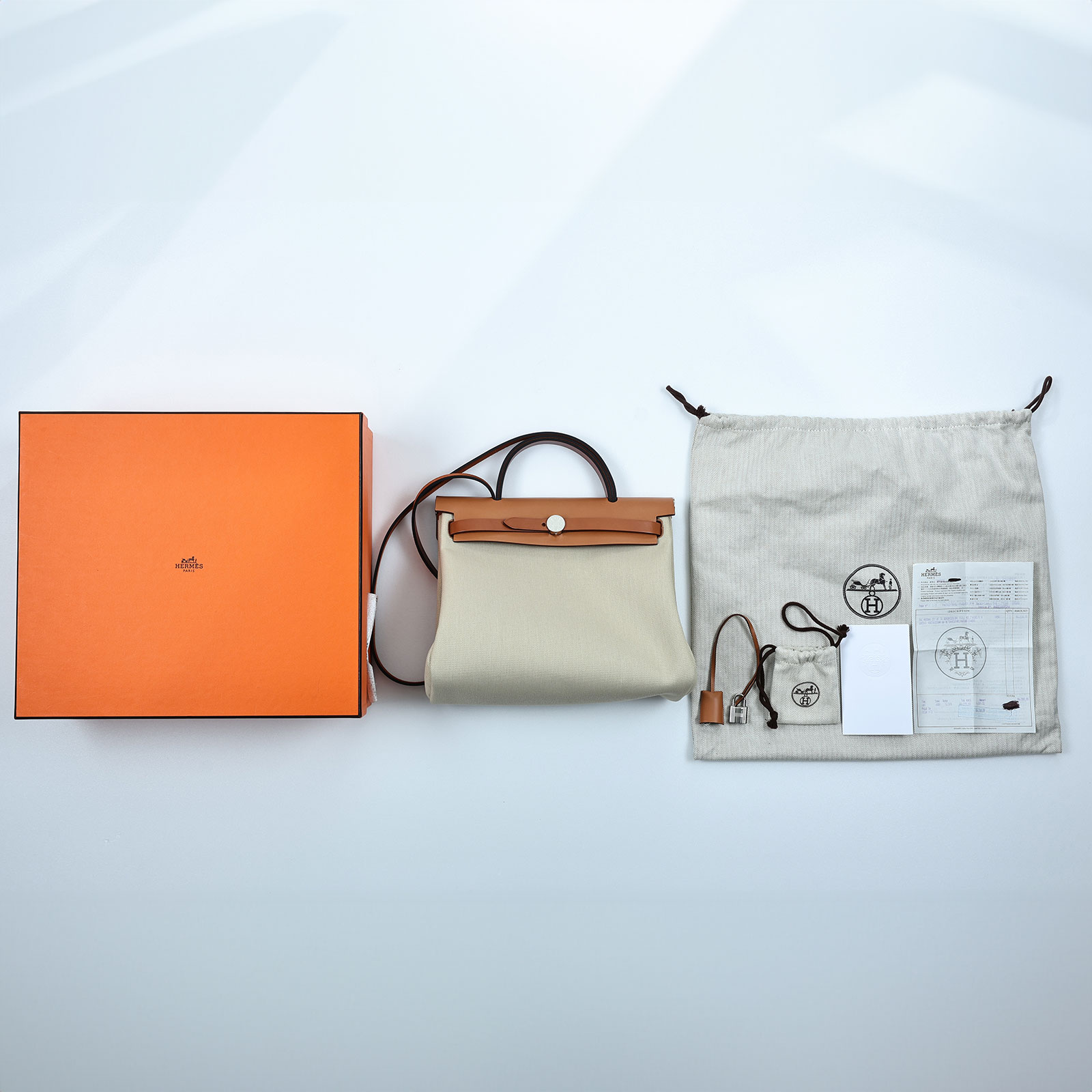 愛馬仕 Hermès Herbag Zip 31 HER31 U刻 棕拼白帆布HERBAG31 原廠盒子/防塵袋/鎖組/購買證明