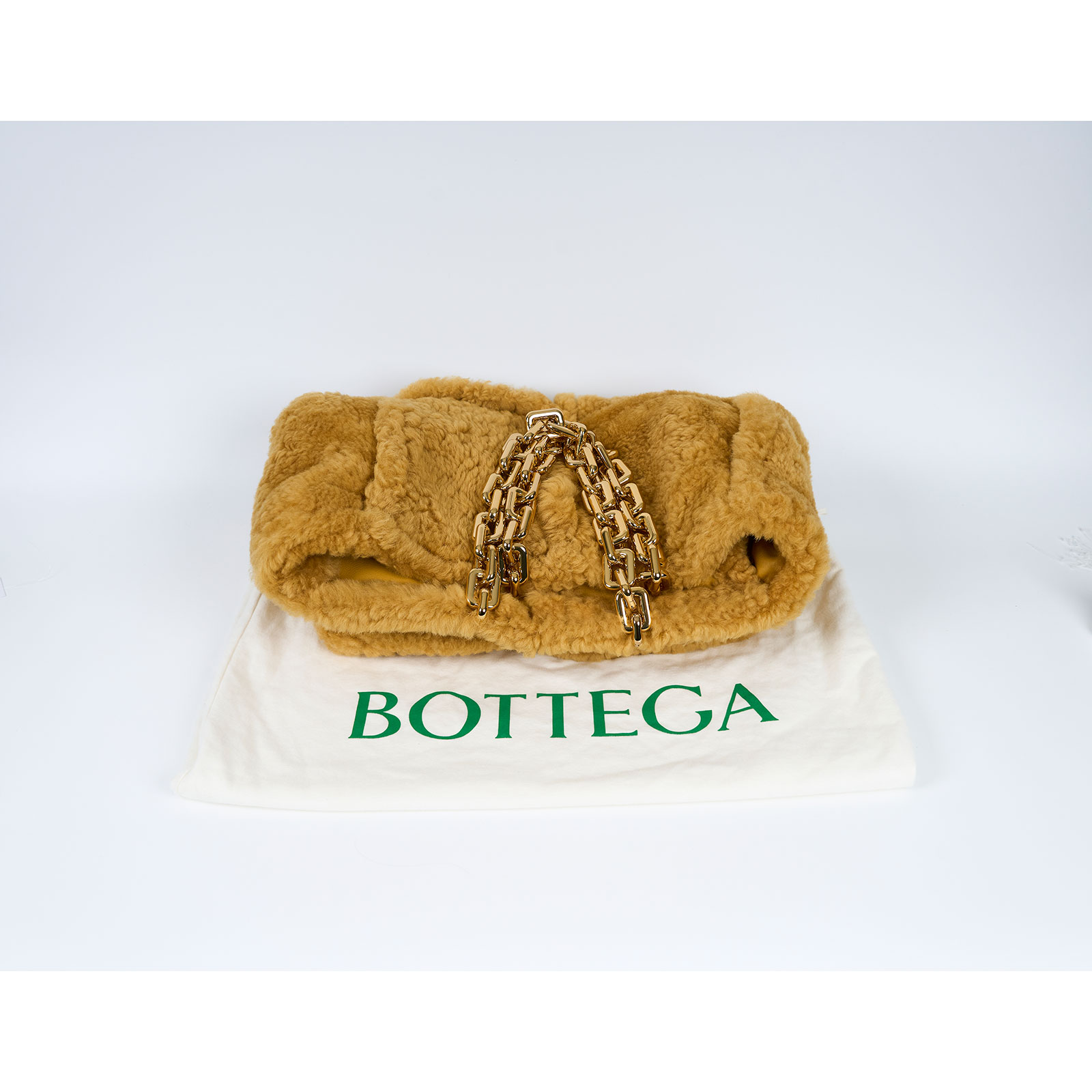 寶緹嘉 BOTTEGA VENETA 羊絨 托特包  金鍊駝色絨毛手提包 防塵袋