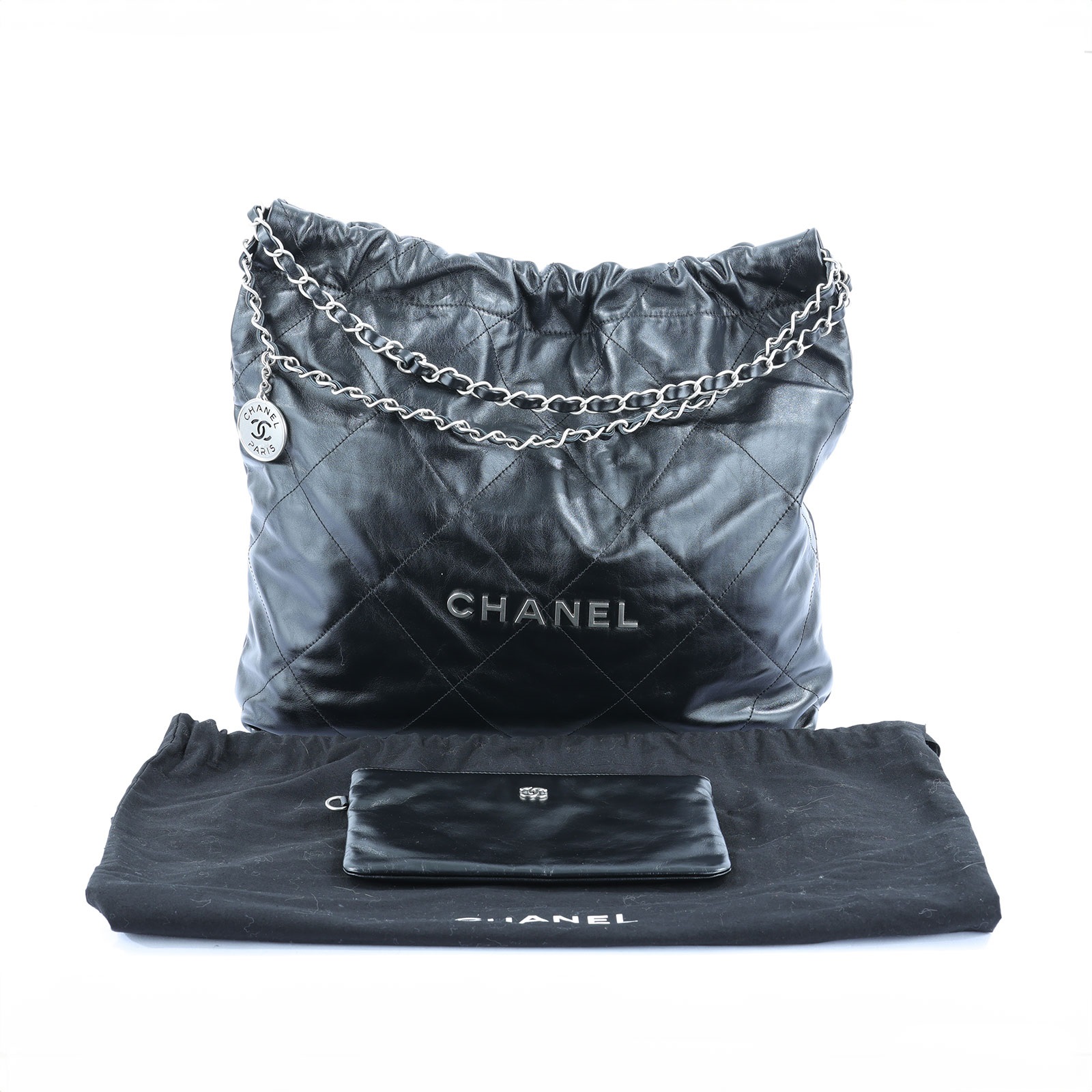 香奈兒 CHANEL 22 中型 束口包 AS3261 晶片款 黑銀 22 包 中號 防塵袋
