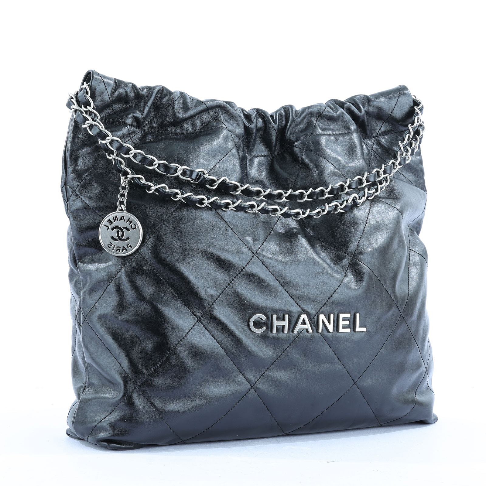 香奈兒 CHANEL 22 中型 束口包 AS3261 晶片款 黑銀 22 包 中號 防塵袋