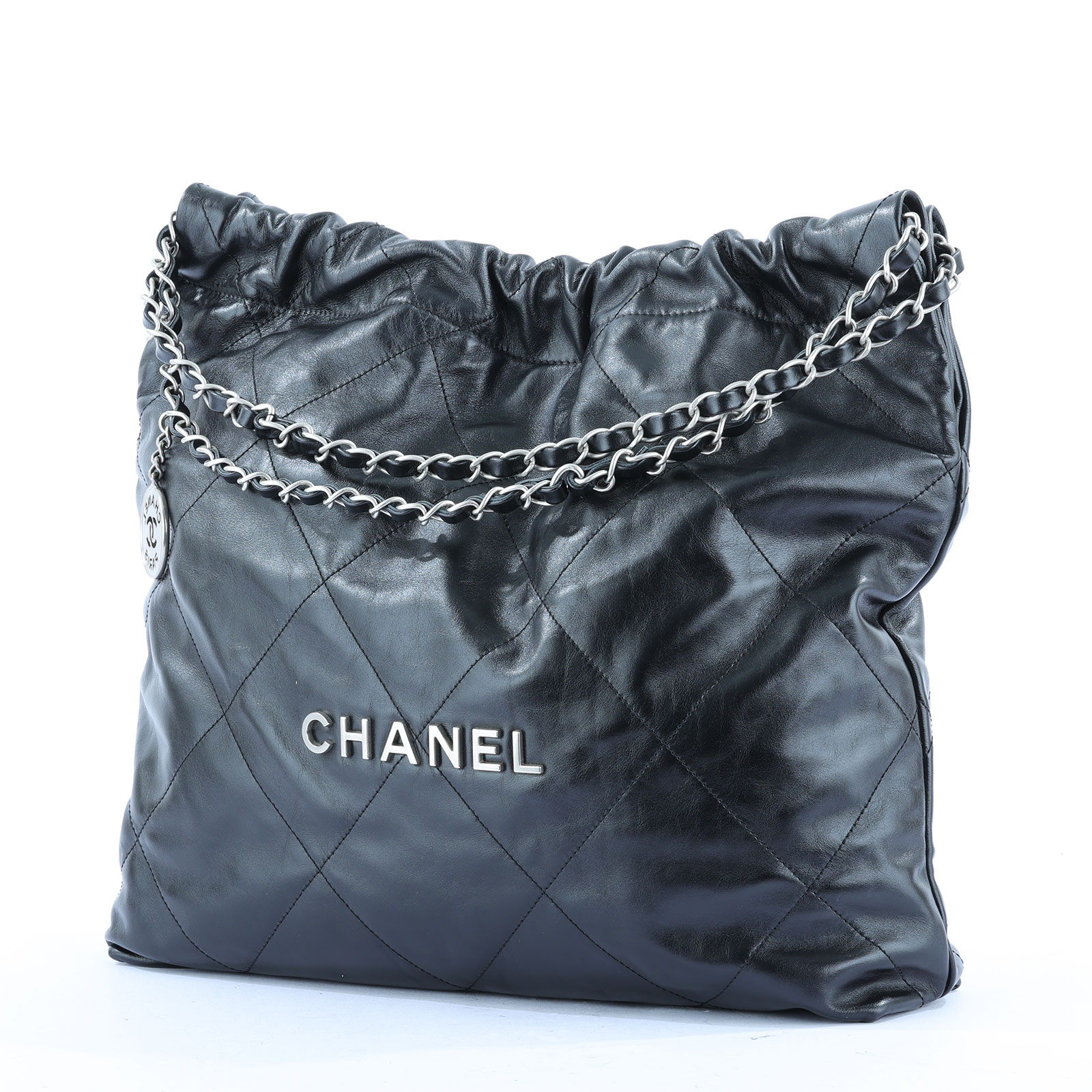 香奈兒 CHANEL 22 中型 束口包 AS3261 晶片款 黑銀 22 包 中號 防塵袋