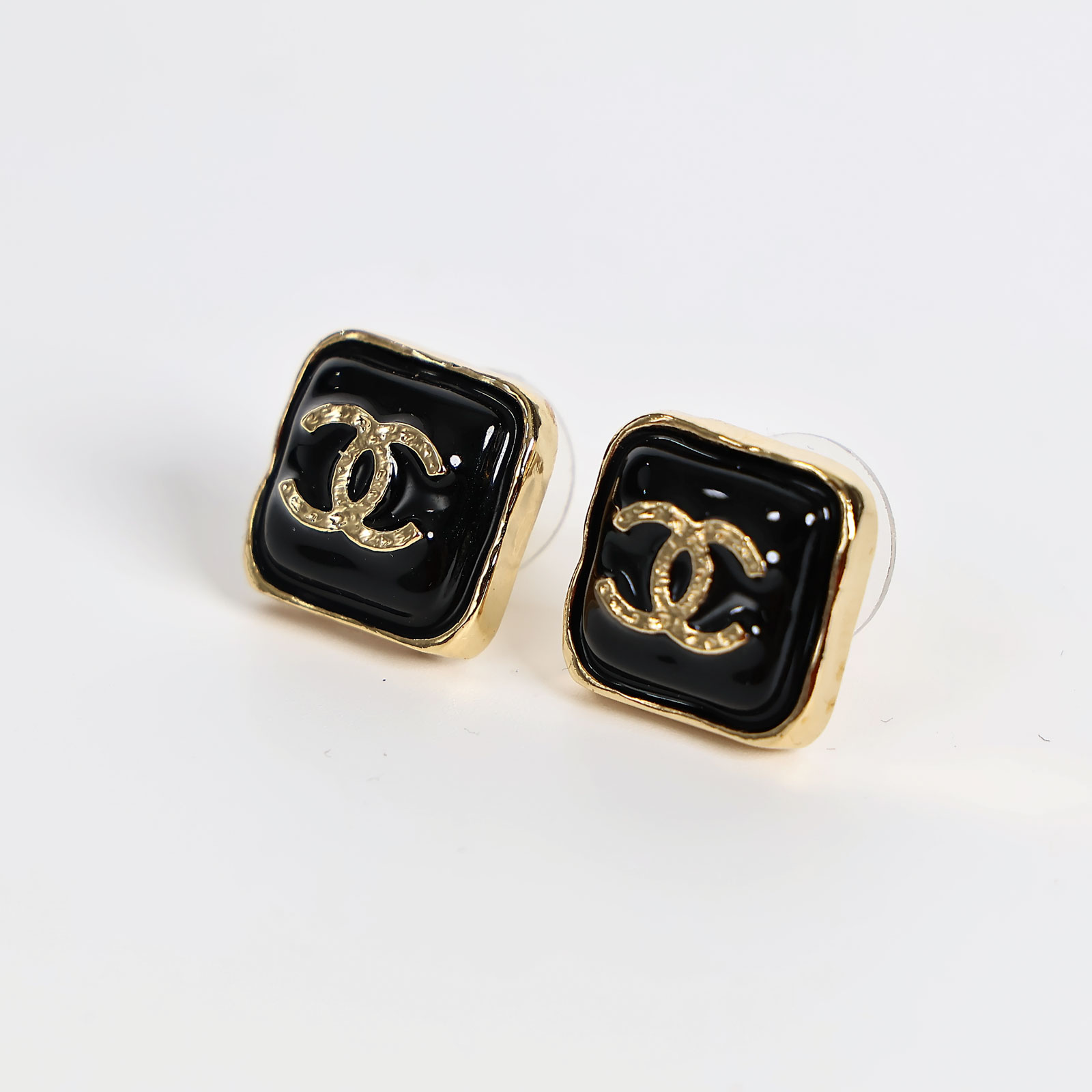 香奈兒 CHANEL 耳釘 B23K 黑金雙C方形耳環 原廠盒子
