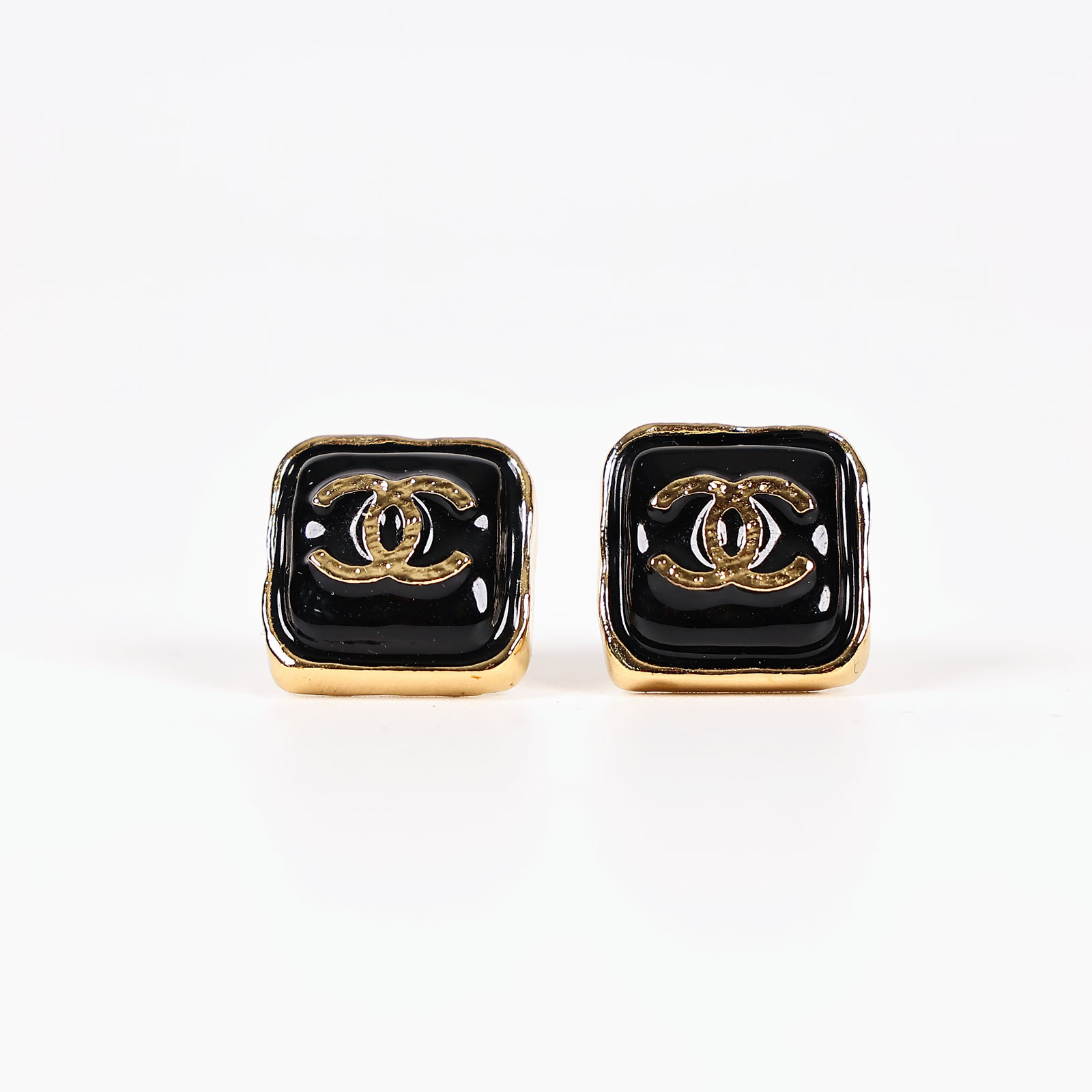 香奈兒 CHANEL 耳釘 B23K 黑金雙C方形耳環 原廠盒子