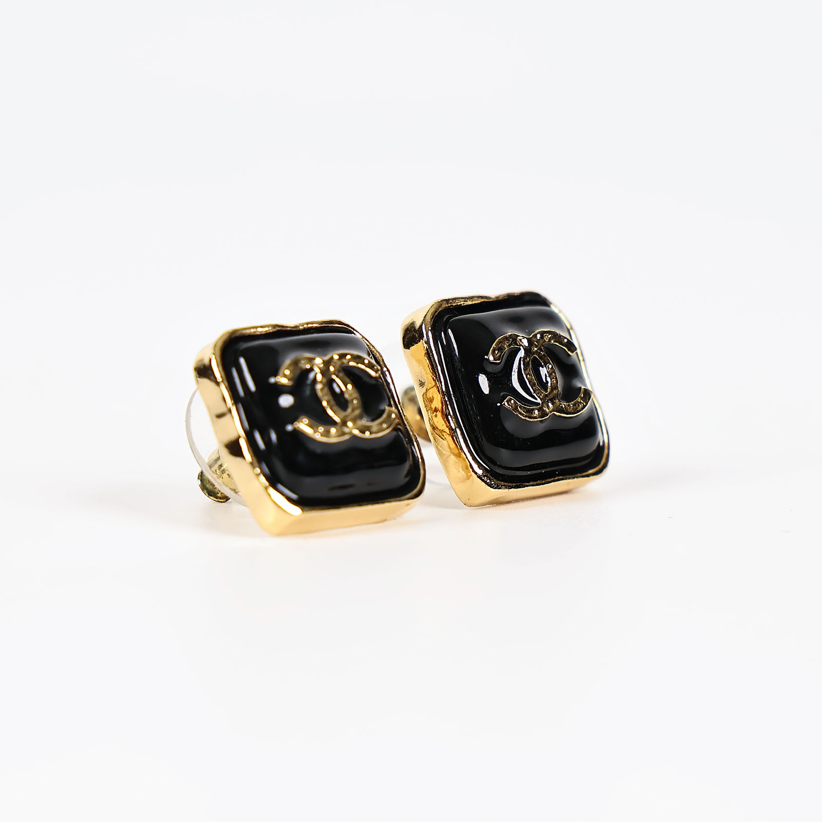 香奈兒 CHANEL 耳釘 B23K 黑金雙C方形耳環 原廠盒子