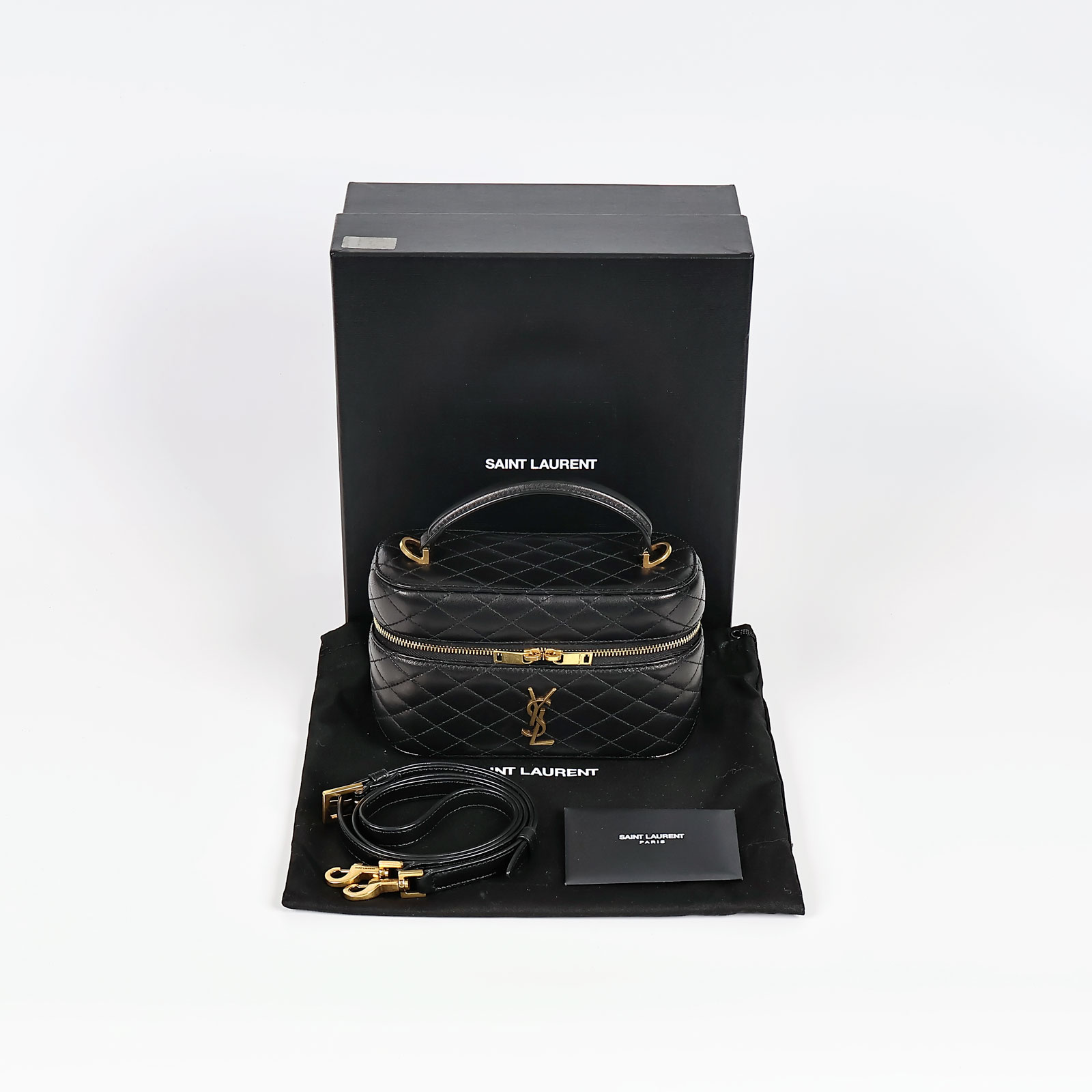 聖羅蘭 YSL SAINT LAURENT Gaby Vanity Bbag 小羊皮 肩帶 手拿包 7667311EL07 黑化妝盒肩背包 原廠盒子/防塵袋
