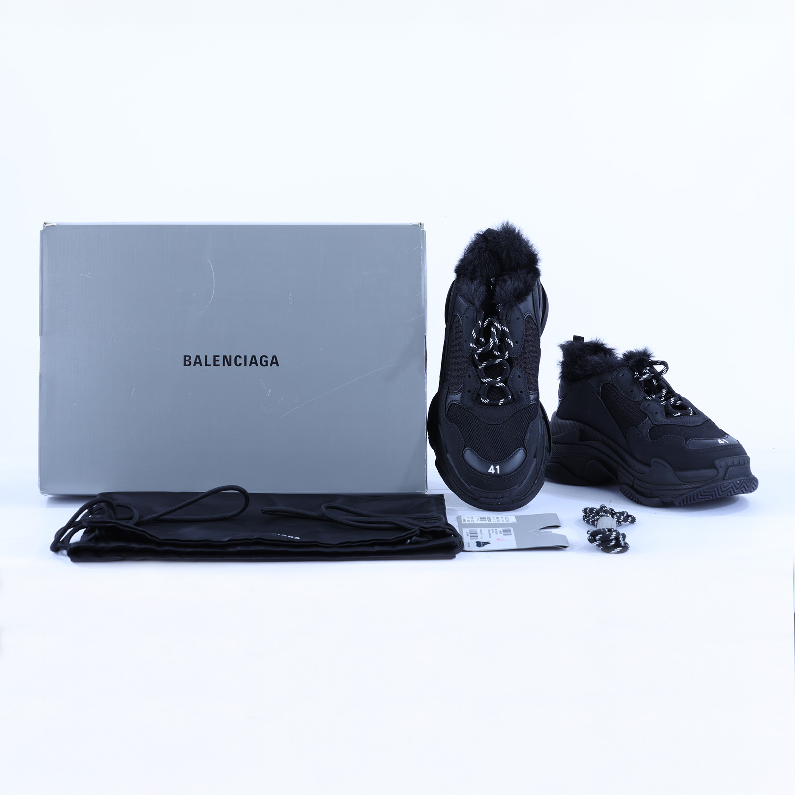 巴黎世家 BALENCIAGA Triple S 668563W3CQ5_41 黑Triple S毛毛秋冬款 #41 防塵袋/原廠盒子