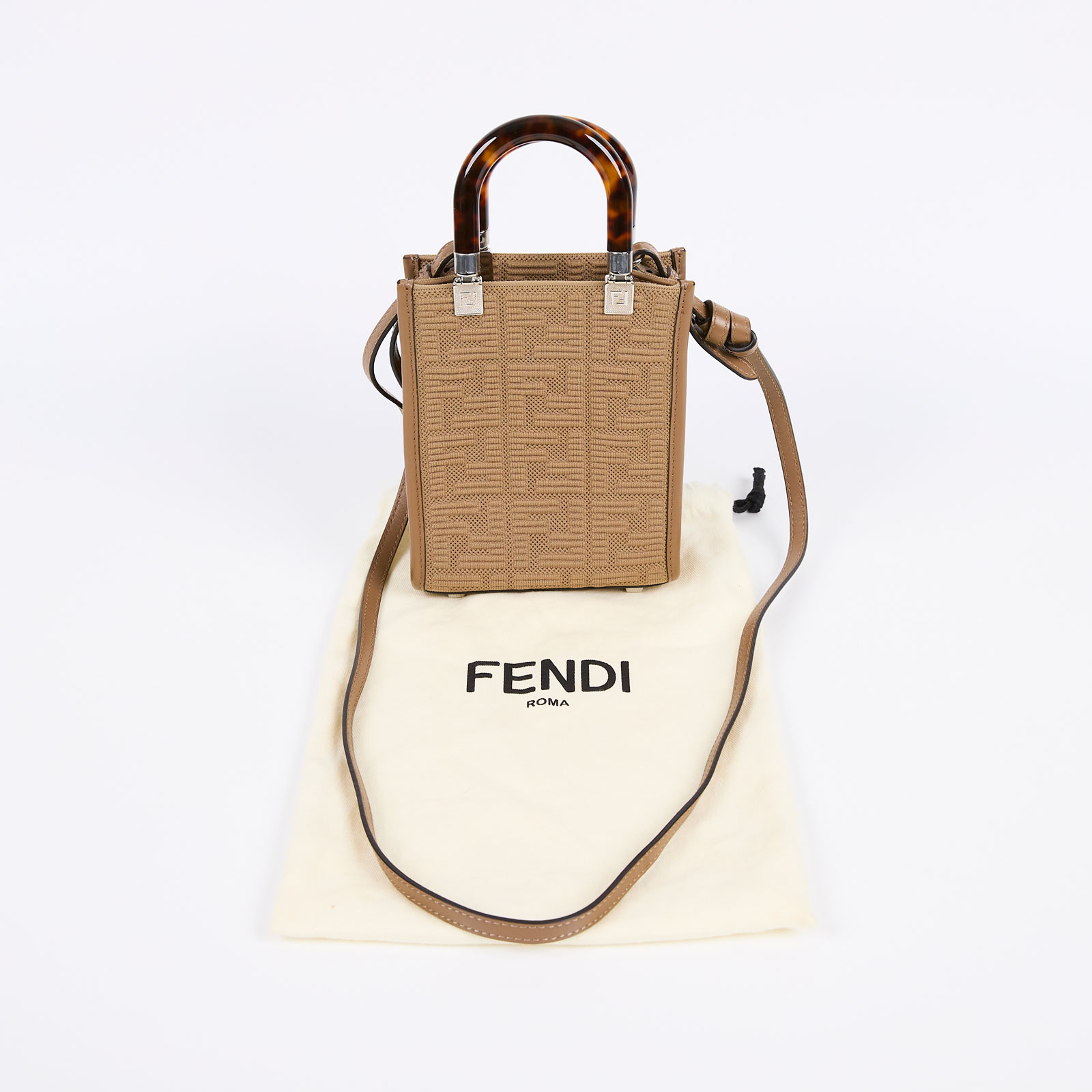 芬迪 FENDI Sunshine 迷你 手提包 皮革 迷你 包款 8BS051AGY0 卡其帆布 SUNSHINE琴譜包MINI 防塵袋