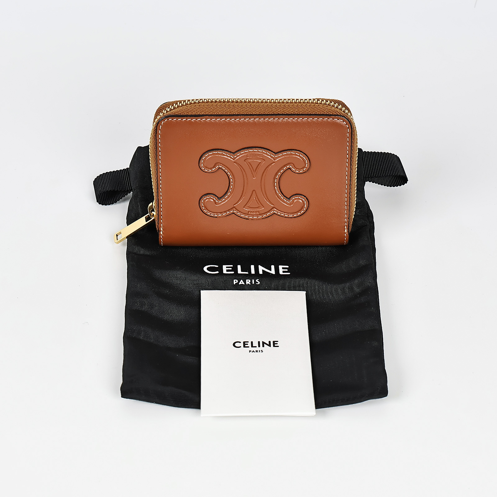 思琳 CELINE TRIOMPHE COMPACT 光滑牛皮革 拉鍊錢包 卡夾 10K533DR8 棕凱旋拉鍊卡包 防塵袋
