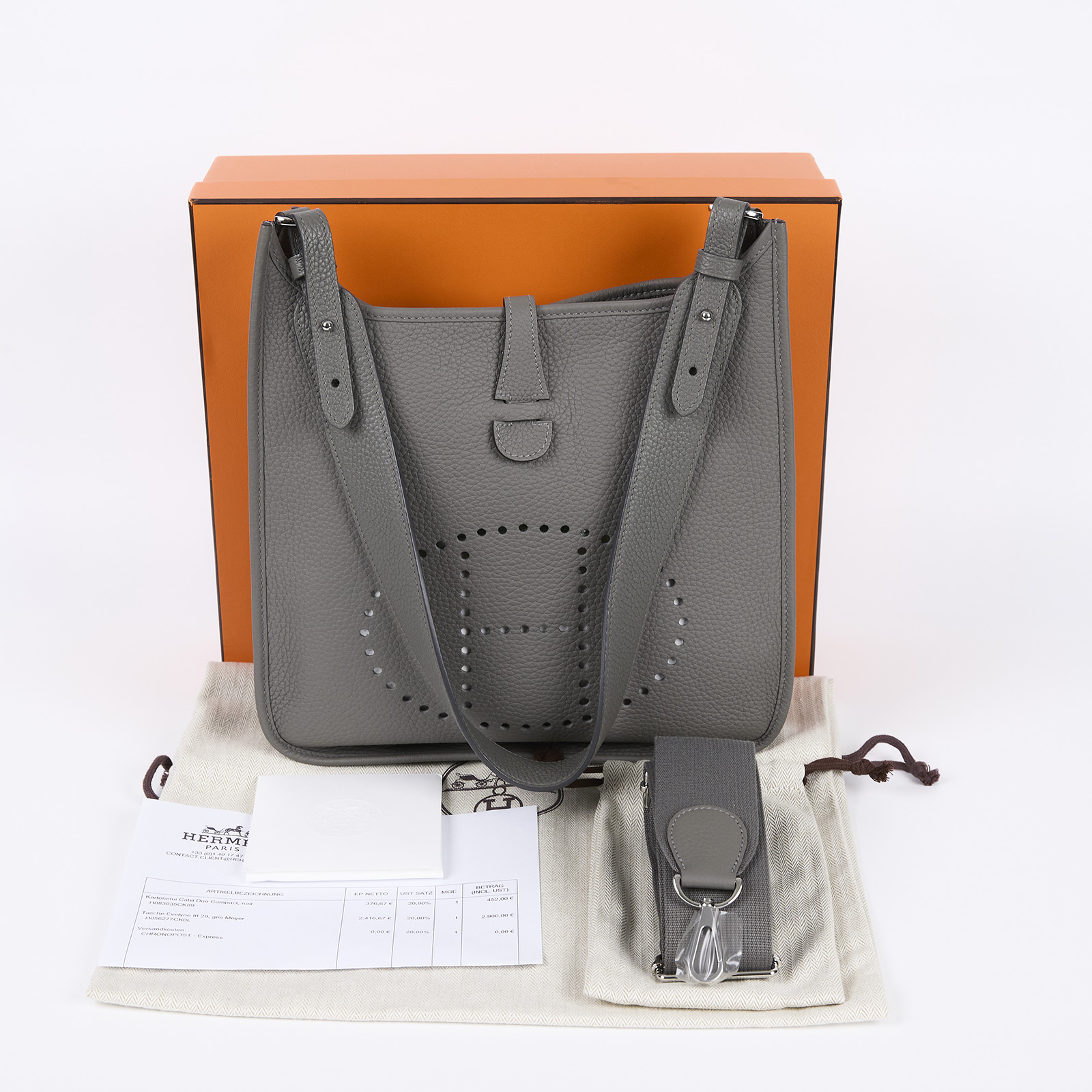 愛馬仕 Hermès Evelyne Bag 伊芙琳包 29 馬蹄型 EV29 W刻 灰EVELYNE29 原廠盒子/DUT BAG/購買證明影本