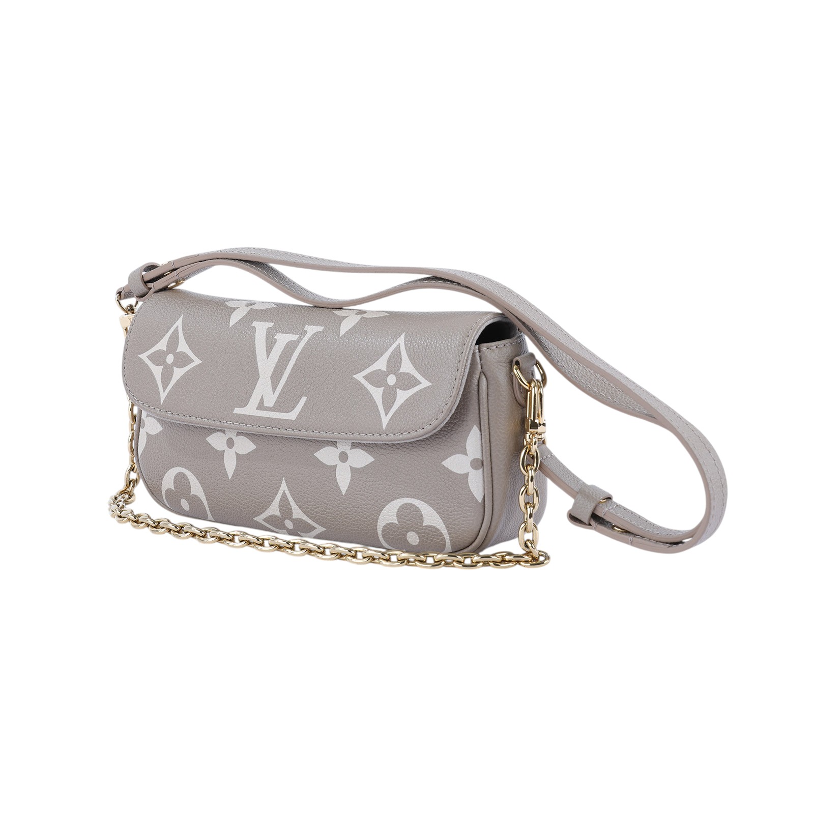 路易威登 LOUIS VUITTON Wallet on Chain Ivy 壓花牛皮 肩背錢包 斑鳩灰色 奶油色 M82211 晶片款  無附屬品